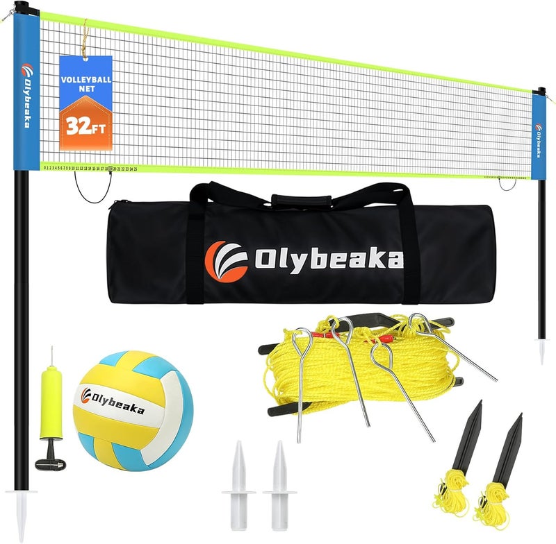 Olybeaka 32ft Regulation Size Portable Outdoor Volleyball Net Set System for Backyard Beach with Height Adjustable Poles, PU Volleyball and Pump, Carry Bag, Boundary Line - Easy Set Up & Anti-Sagging - Image 1
